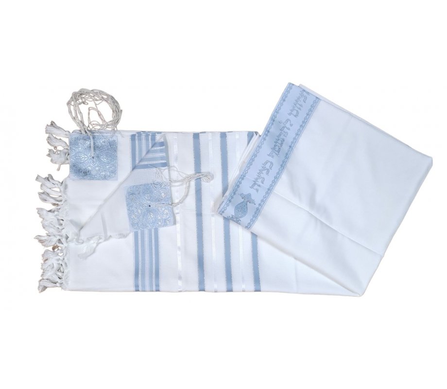 Non Slip Acrylic Prayer Shawl, Checkerboard Weave Sky Blue and Silver Stripes