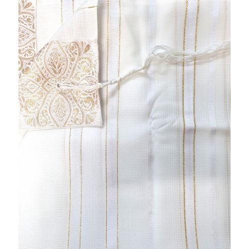 Non Slip Acrylic Prayer Shawl, Textured Checkerboard Weave  Gold and White Stripes