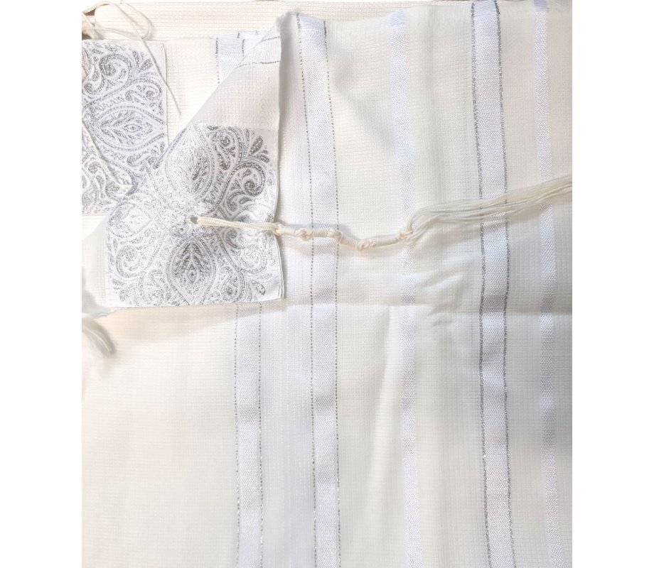 Non Slip Acrylic Prayer Shawl, Textured Checkerboard Weave – Silver and White Stripes