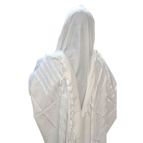 Non Slip Acrylic Prayer Shawl, Textured Checkerboard Weave  White on White Stripes