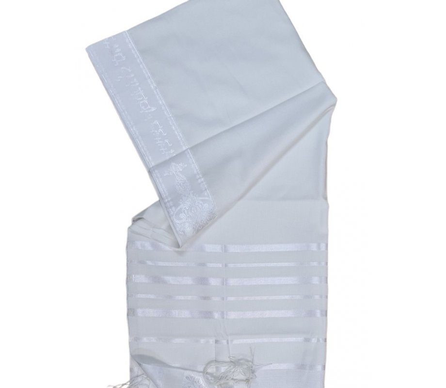 Non Slip Acrylic Prayer Shawl, Textured Checkerboard Weave – White on White Stripes