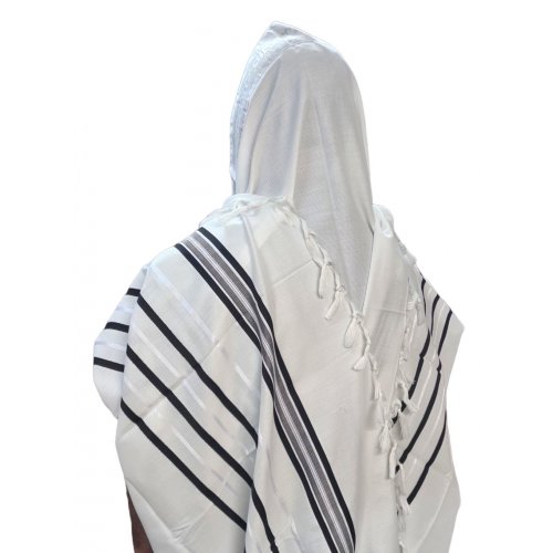 Non-Slip Acrylic Prayer Shawl, Textured Checkerboard Weave - Silver and Black Stripes