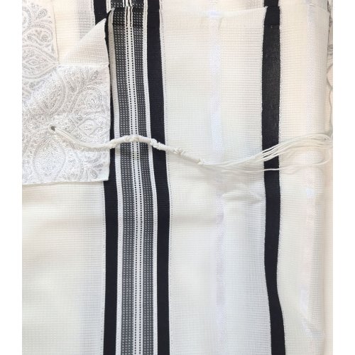 Non-Slip Acrylic Prayer Shawl, Textured Checkerboard Weave - Silver and Black Stripes