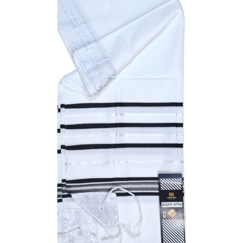 Non-Slip Acrylic Prayer Shawl, Textured Checkerboard Weave - Silver and Black Stripes