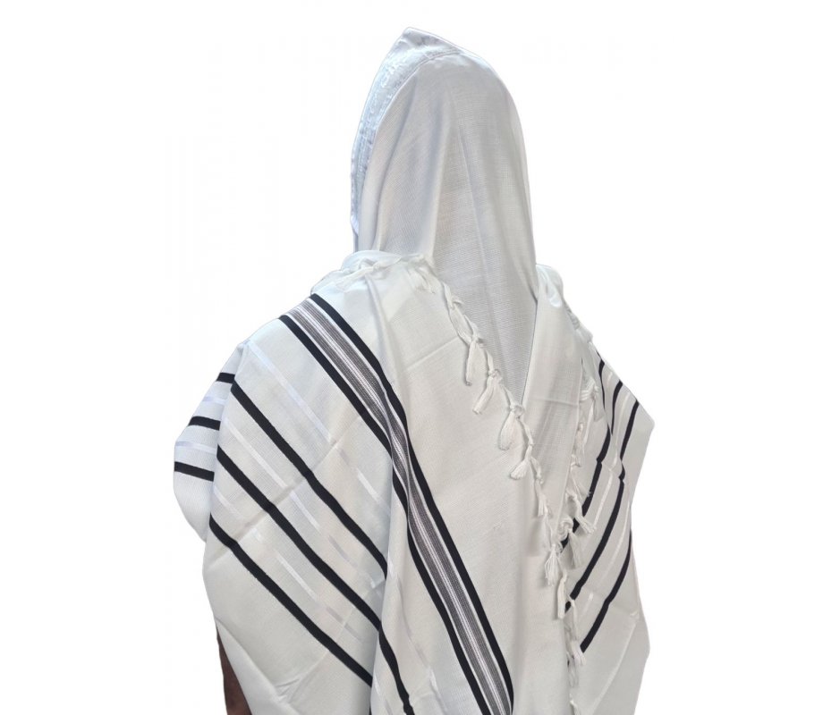 Non-Slip Acrylic Prayer Shawl, Textured Checkerboard Weave - Silver and Black Stripes