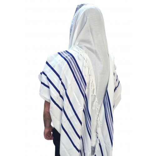 Non-Slip Acrylic Prayer Shawl, Textured Checkerboard Weave  Silver and Blue Stripes