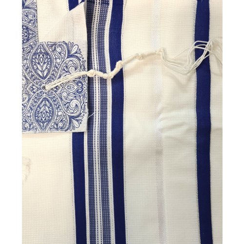 Non-Slip Acrylic Prayer Shawl, Textured Checkerboard Weave  Silver and Blue Stripes