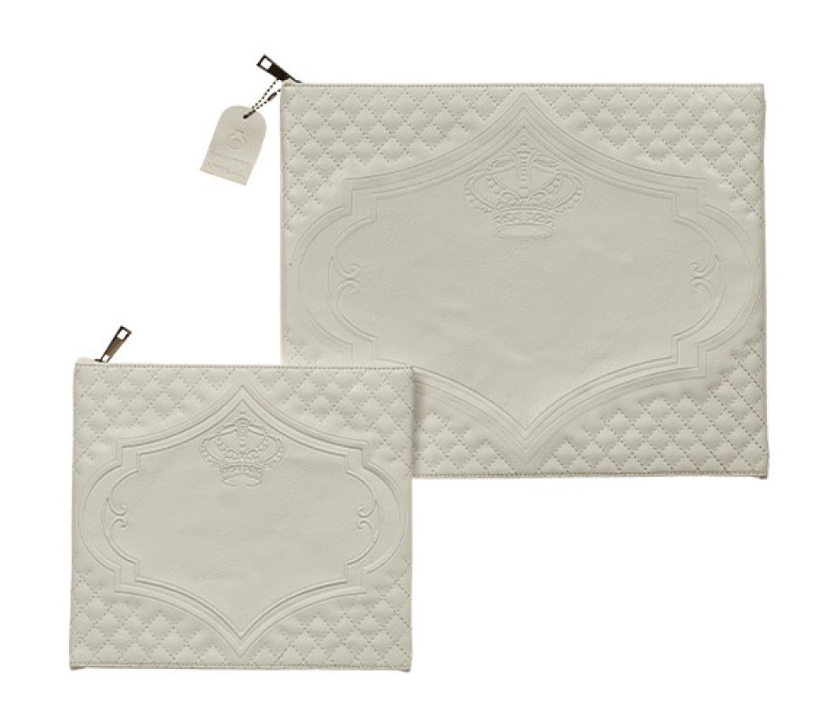 Off White Tallit and Tefillin Bag Set, Faux Leather - Off White with Embossed Crown
