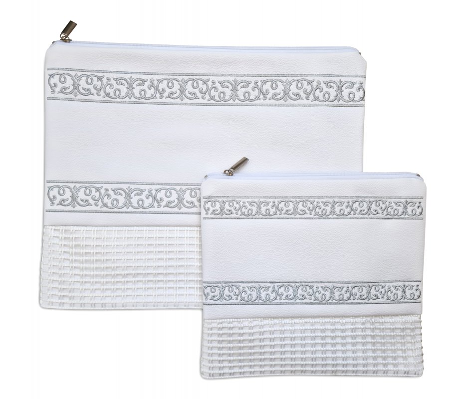 Off-White Faux Leather Tallit and Tefillin Bag Set - Silver Embroidered Bands