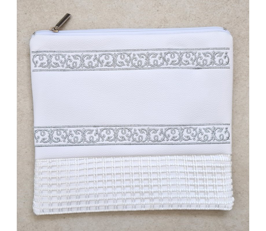 Off-White Faux Leather Tallit and Tefillin Bag Set - Silver Embroidered Bands