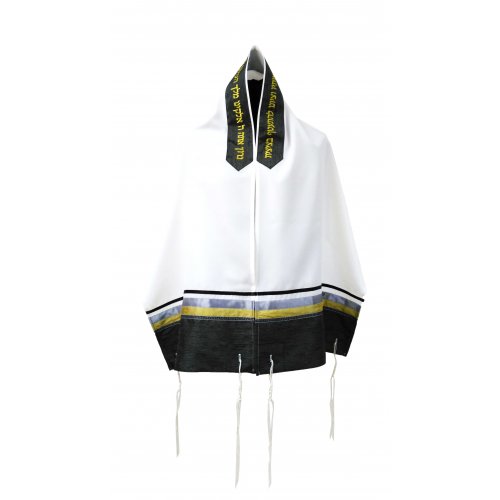 Off-White Viscose Tallit Set with Silver, Black & Gold Stripes - Ronit Gur