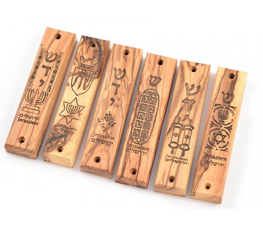Olive Wood Mezuzah Cases with Judaic Symbols, Set of Six - 5.1 Height