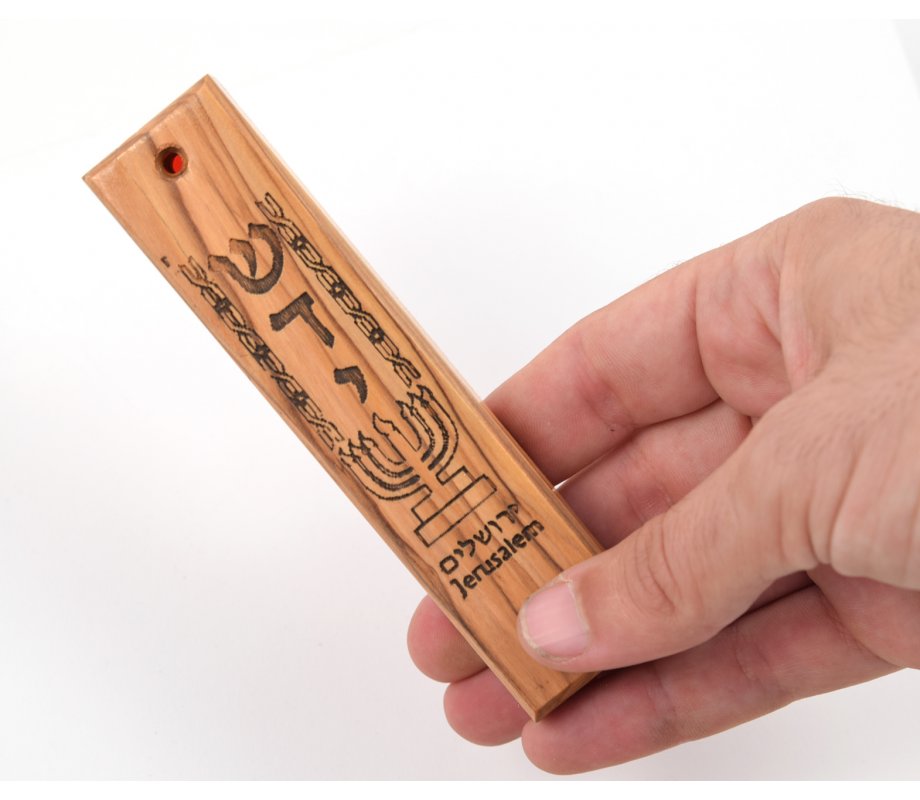 Olive Wood Mezuzah Cases with Judaic Symbols, Set of Six - 5.1 Height