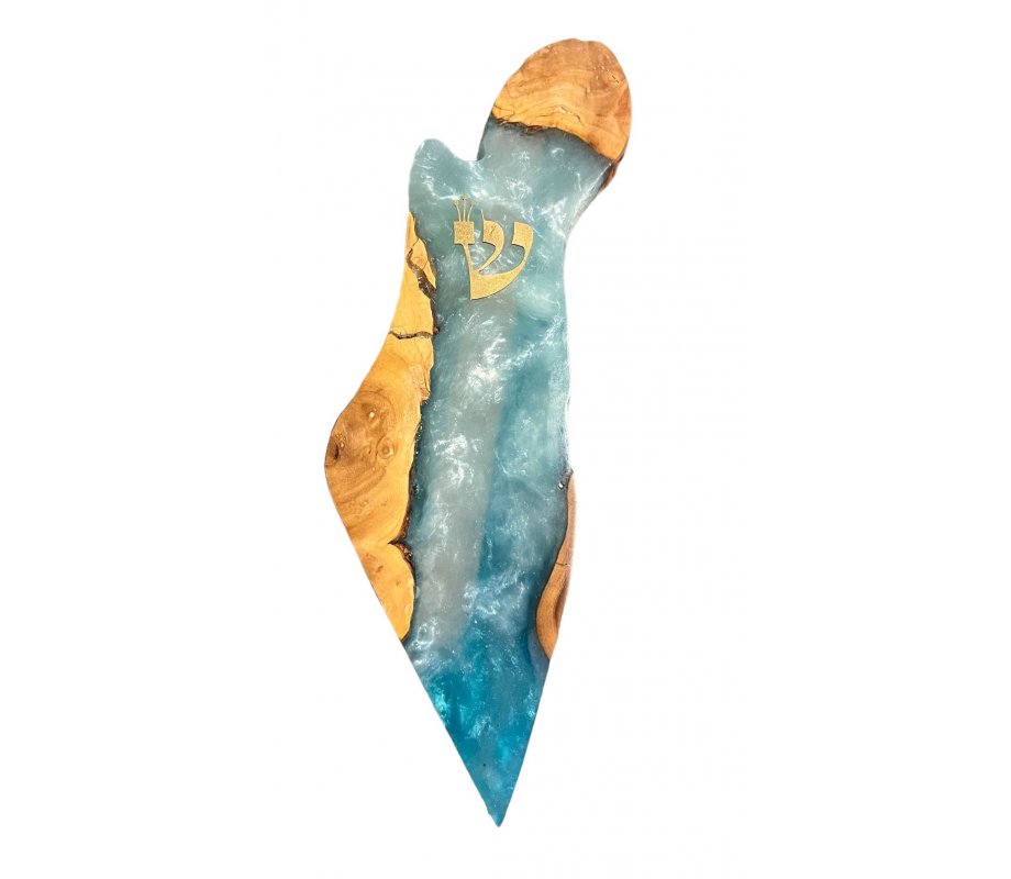 Olive Wood and Epoxy Mezuzah Case in Outline of Israel, Ocean Blue - Eial Ovin