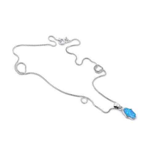 Opal Hamsa Necklace Light Blue Pendant in 925 Sterling Silver