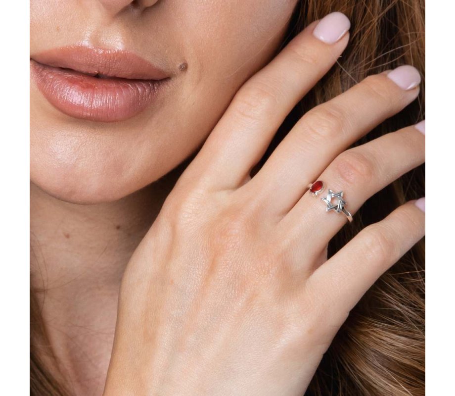 Open Sterling Silver Ring, Star of David and Red Pomegranate and Shema Yisrael