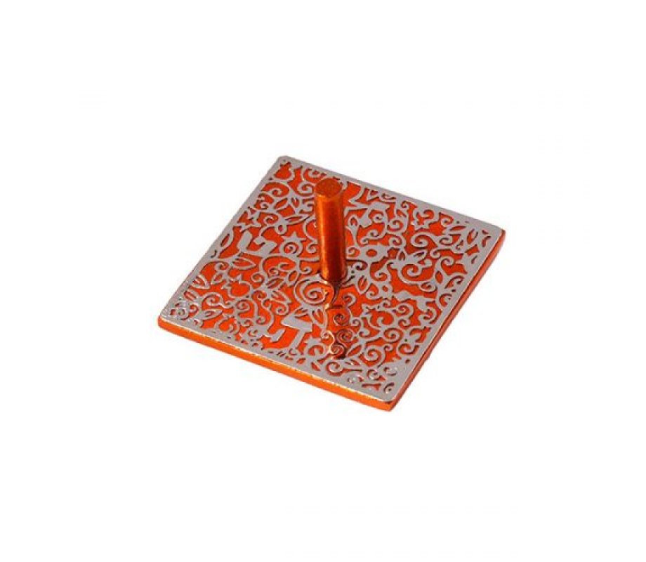 Orange Dreidel with Silver Floral and Pomegranate Cut Out Design - Yair Emanuel
