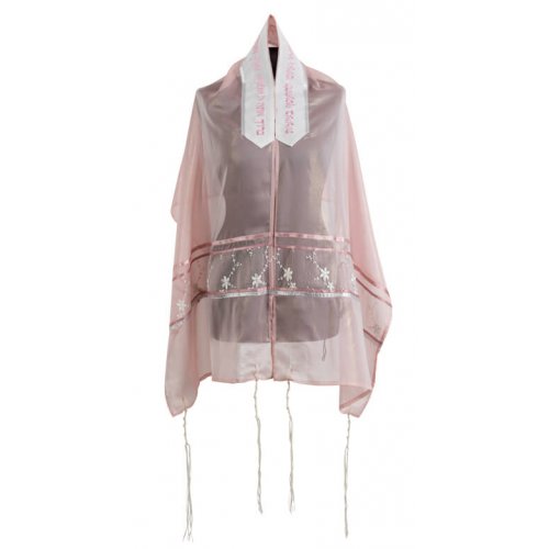 Organza Tallit Prayer Shawl Set, Sheer Pink with Flowers - Ronit Gur