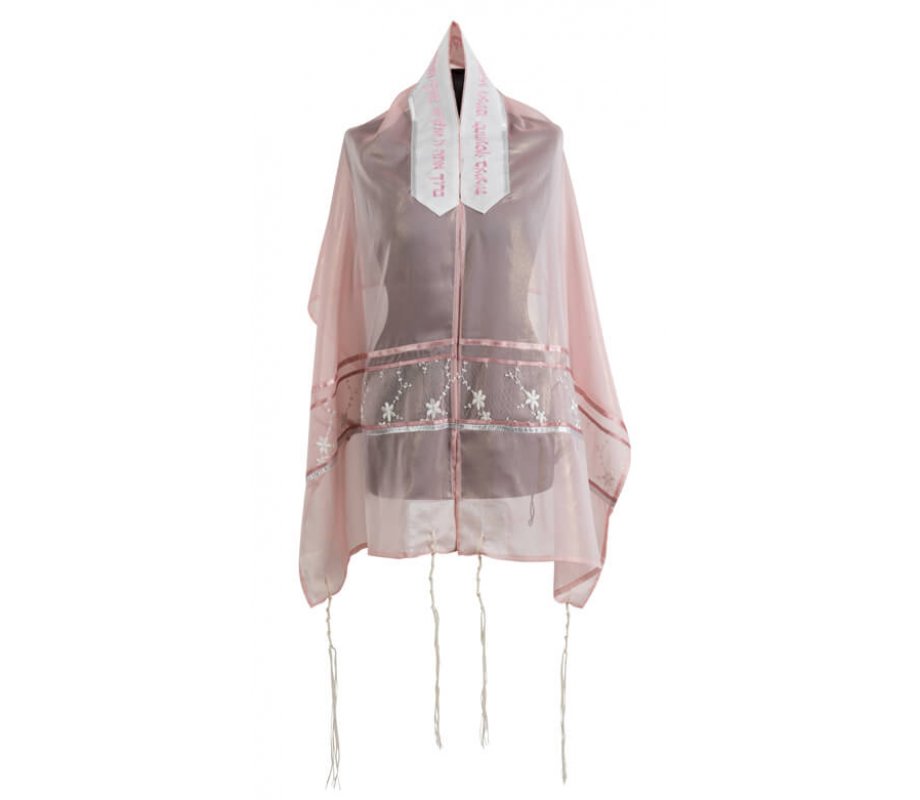 Organza Tallit Prayer Shawl Set, Sheer Pink with Flowers - Ronit Gur