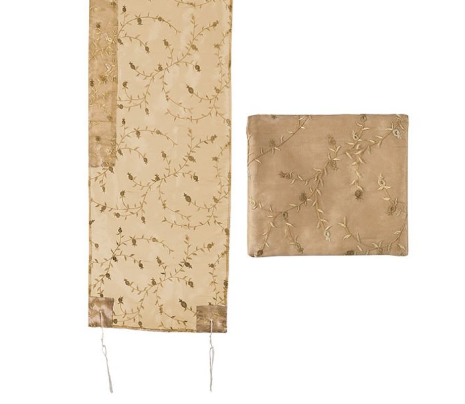 Organza Tallit Set, Flower and Vine Design, Gold - Yair Emanuel