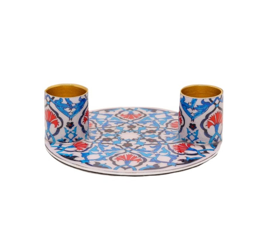 Oriental Design Small Metal Candle Holders on Attached Tray - Yair Emanuel