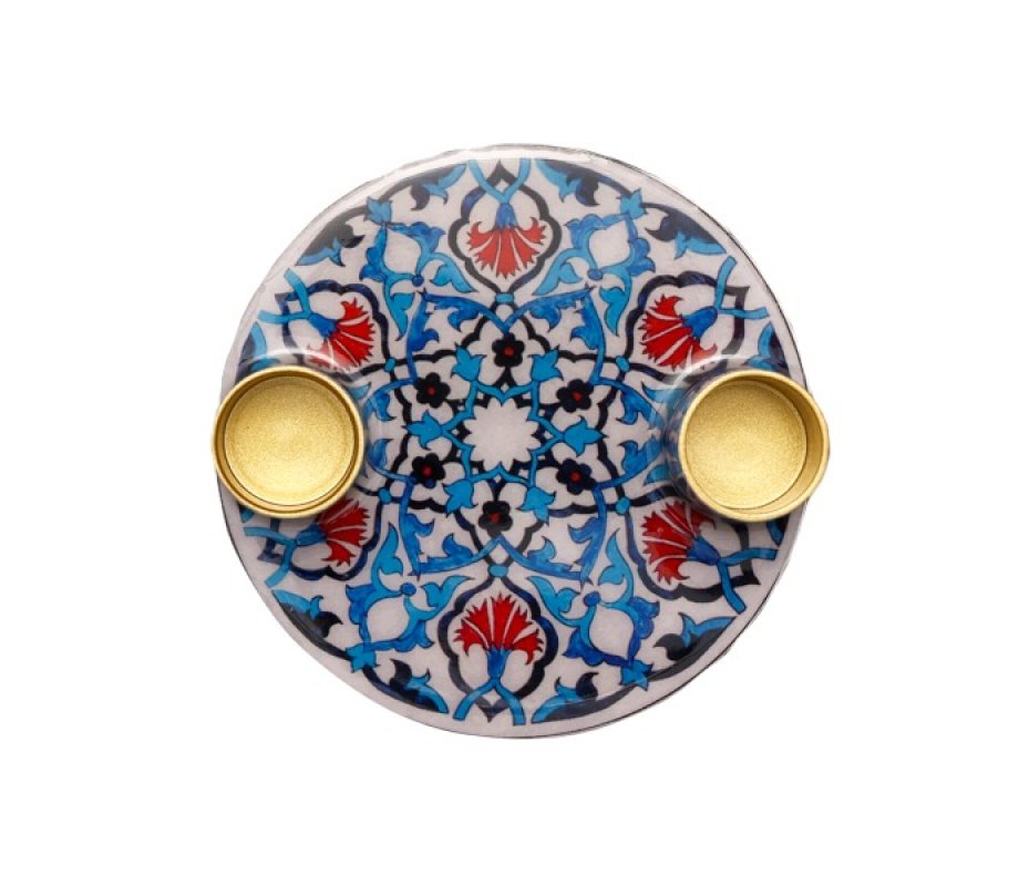 Oriental Design Small Metal Candle Holders on Attached Tray - Yair Emanuel