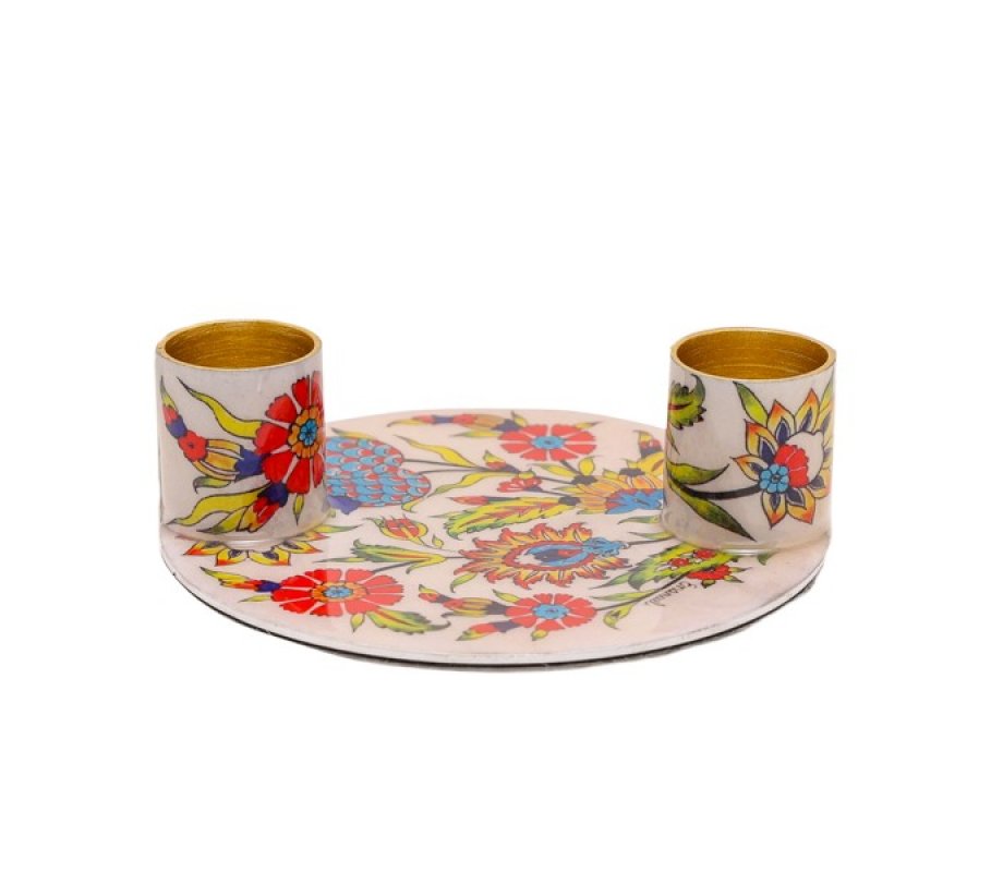 Oriental Flowers Small Metal Candle Holders on Attached Tray - Yair Emanuel