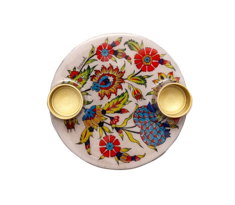Oriental Flowers Small Metal Candle Holders on Attached Tray - Yair Emanuel
