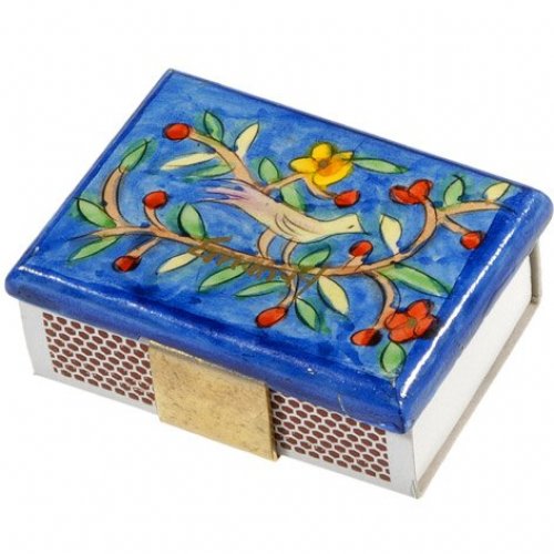 Painted Wood Matchbox Holder, Bird & Flowers - Yair Emanuel