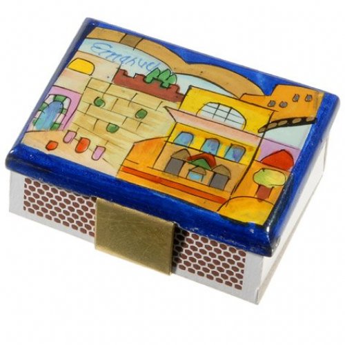 Painted Wood Matchbox Holder, Kotel and Jerusalem Scenes - Yair Emanuel