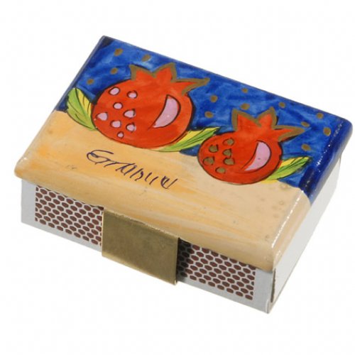 Painted Wood Matchbox Holder, Pomegranates - Yair Emanuel