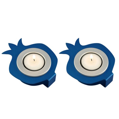 Pair Aluminum Pomegranate Candle Holders - Blue and Silver by Shraga Landesman
