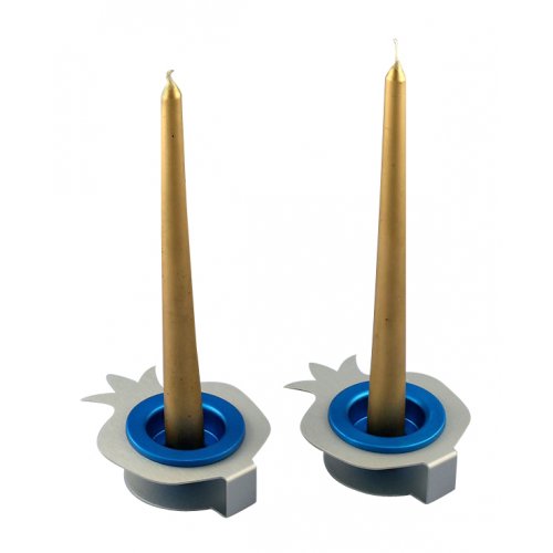 Pair Aluminum Pomegranate Candle Holders - Silver and Blue by Shraga Landesman