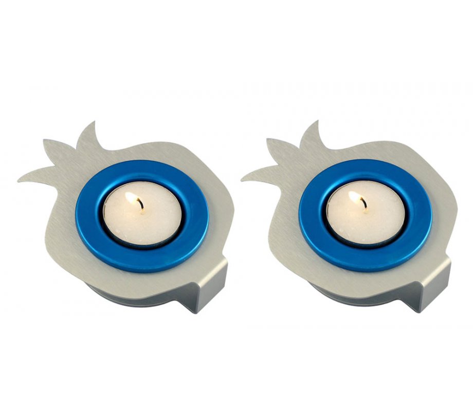 Pair Aluminum Pomegranate Candle Holders - Silver and Blue by Shraga Landesman