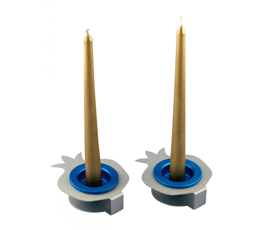 Pair Aluminum Pomegranate Candle Holders - Silver and Blue by Shraga Landesman