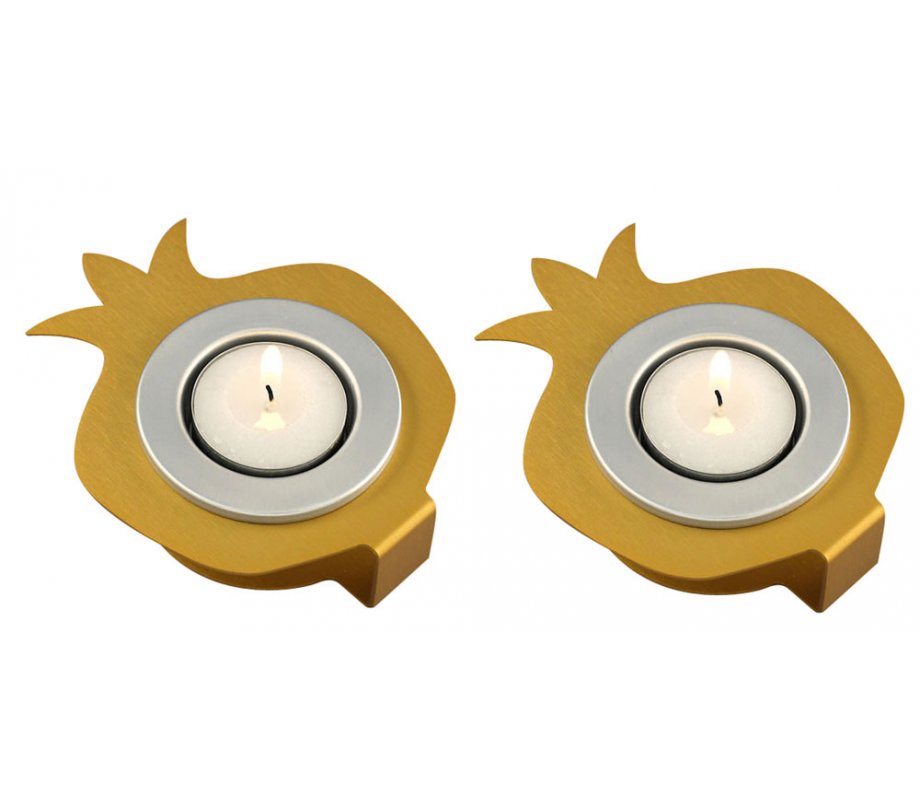 Pair Aluminum Pomegranate Candle Holders - Silver and Gold by Shraga Landesman