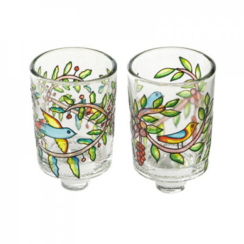 Pair of Stained Glass Colors Candle Holders, Birds - Yair Emanuel
