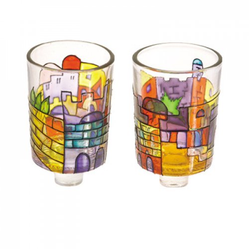 Pair of Stained Glass Colors Candle Holders, Jerusalem - Yair Emanuel