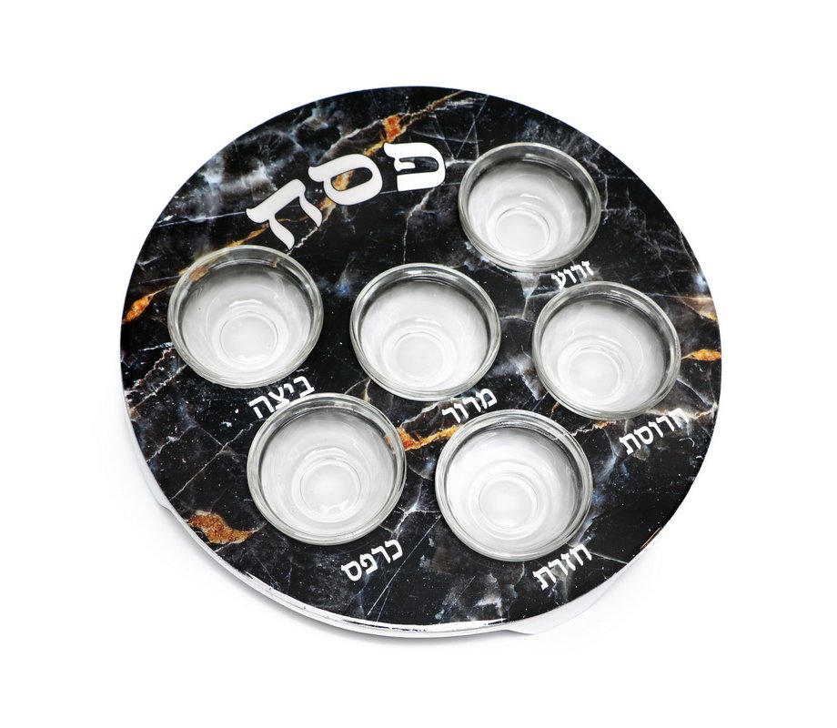 Passover Pesach Plate for Seder, Glass Bowls - Black with Gold Marble Design