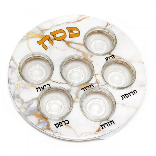 Passover Pesach Plate for Seder, Glass Bowls - White with Gold Marble Design