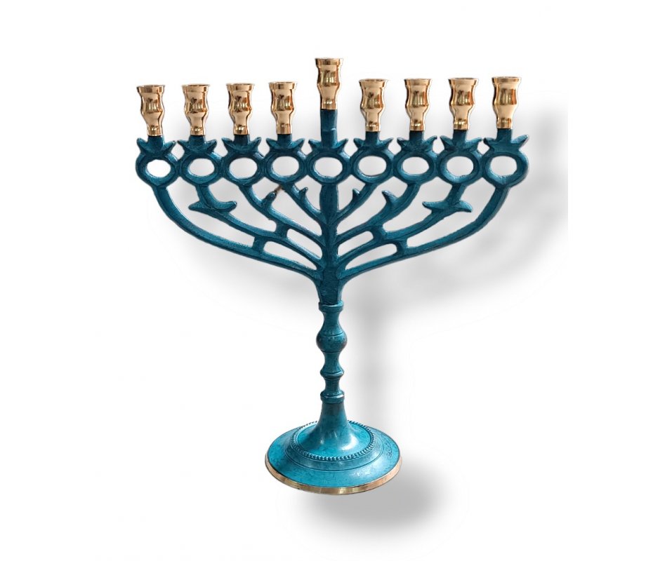 Patina Chanukah Menorah with Pomegranate Images, 12 Inches - For Candles