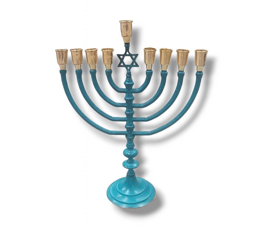 Patina Chanukah Menorah with Star of David, Oil or Candles - 14 Inches