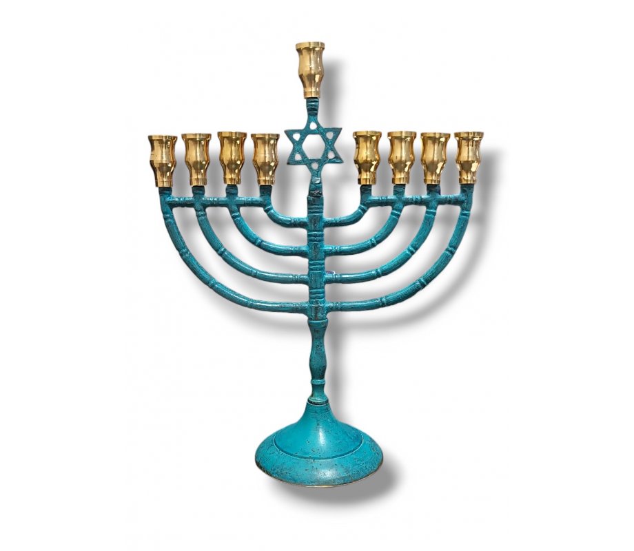Patina Menorah for Chanukah Decorated with Star of David, for Candles - 10 Inches
