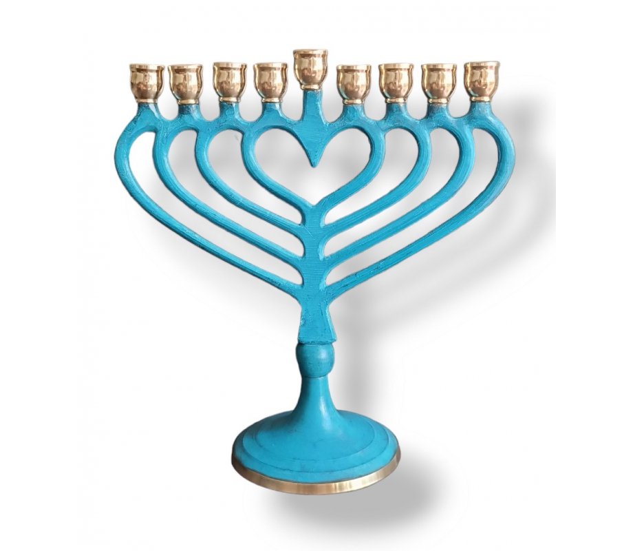 Patina Metal Hanukkah Menorah with a Heart Shape, Candles Only - 7.4 Inches Height