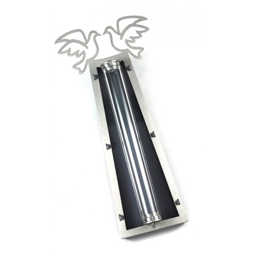Peace Doves Mezuzah Case Silver and Black - Aluminum Lucite by Shraga Landesman