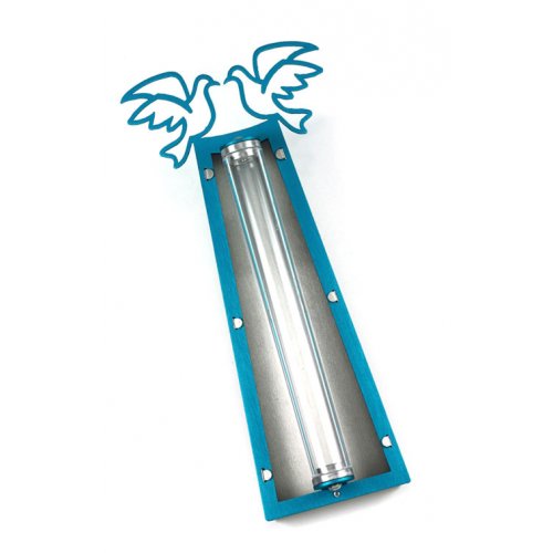 Peace Doves Mezuzah Case Turquoise and White - Aluminum, Lucite by Shraga Landesman