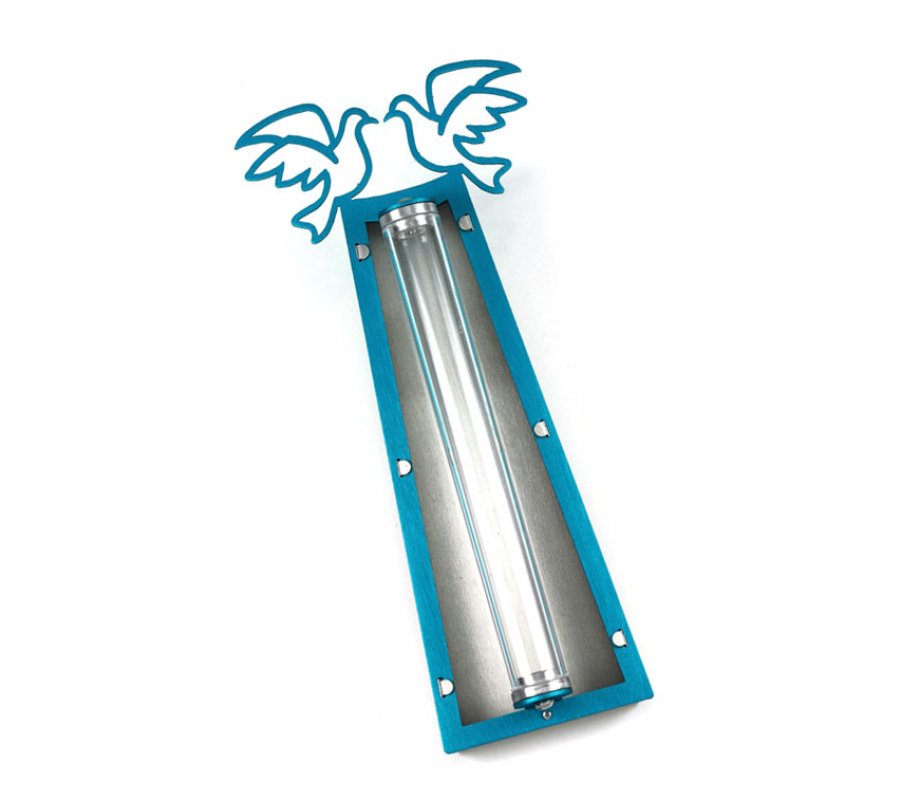 Peace Doves Mezuzah Case Turquoise and White - Aluminum, Lucite by Shraga Landesman