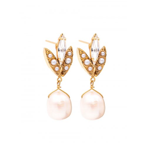 Pearl Dangle Post Earrings on Yellow Gold Plate, Pearl Jam Collection - Amaro