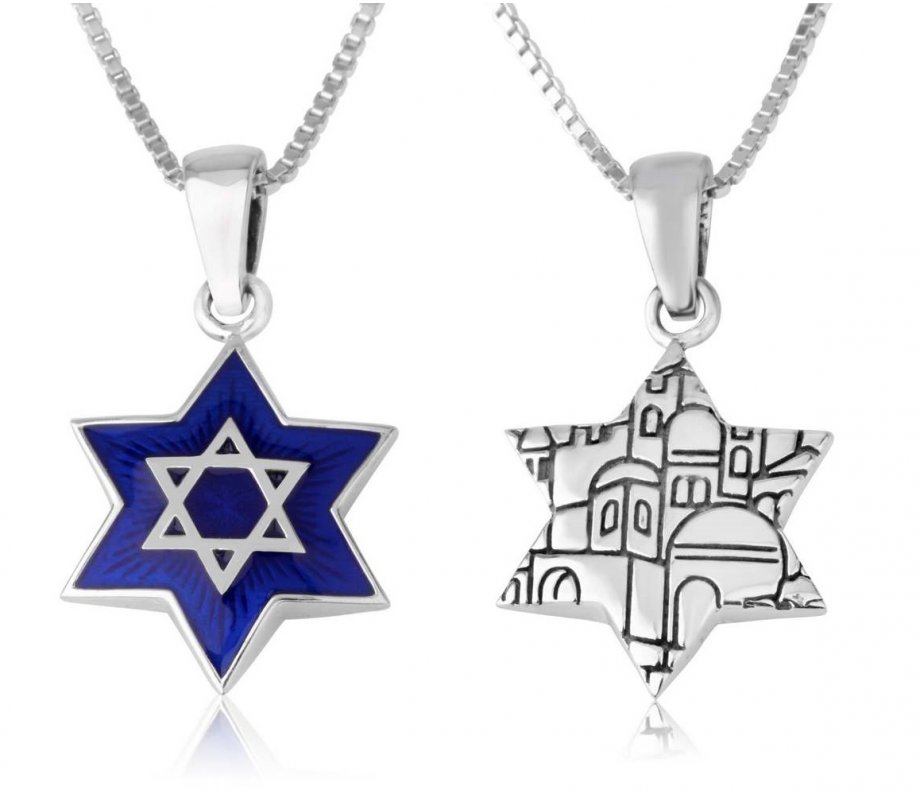 Pendant Necklace - Star of David on Blue Enamel with Jerusalem Images - Sterling Silver