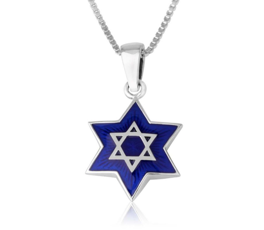 Pendant Necklace - Star of David on Blue Enamel with Jerusalem Images - Sterling Silver